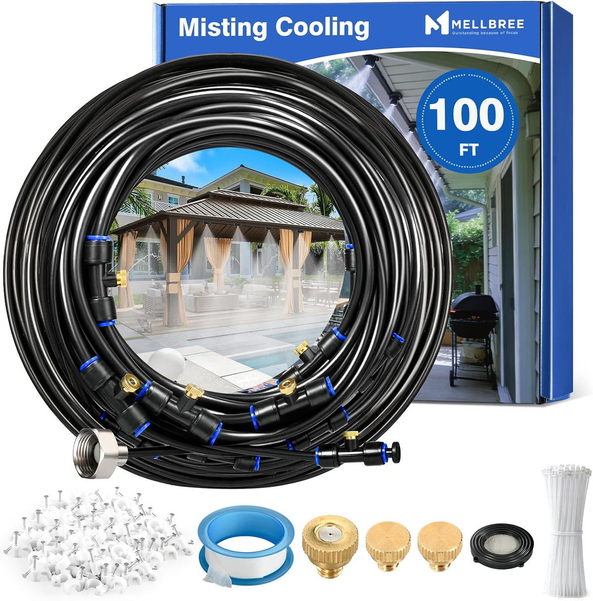 Mellbree Misters for Outside Patio 45FT/14M, Pre-Assembled Misting Cooling System with 12 Brass Nozzles & 3/4" Adapter, Outdoor Mister for Patio, Garden, Greenhouse, Pavilion, Dog House, Chicken Coop
