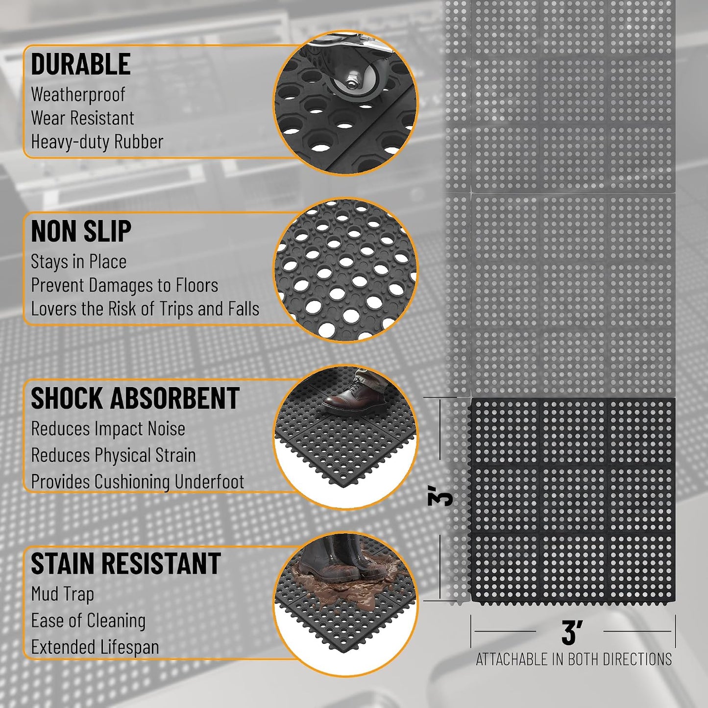 Ottomanson Heavy Duty Rubber Floor Mat – Non-Slip, Waterproof, Easy to Clean – Boot Tray Utility Mat for Shoes, Boots, Entryway, or Pet Feeding Area – Durable, Hose Washable – 16" x 32", Black