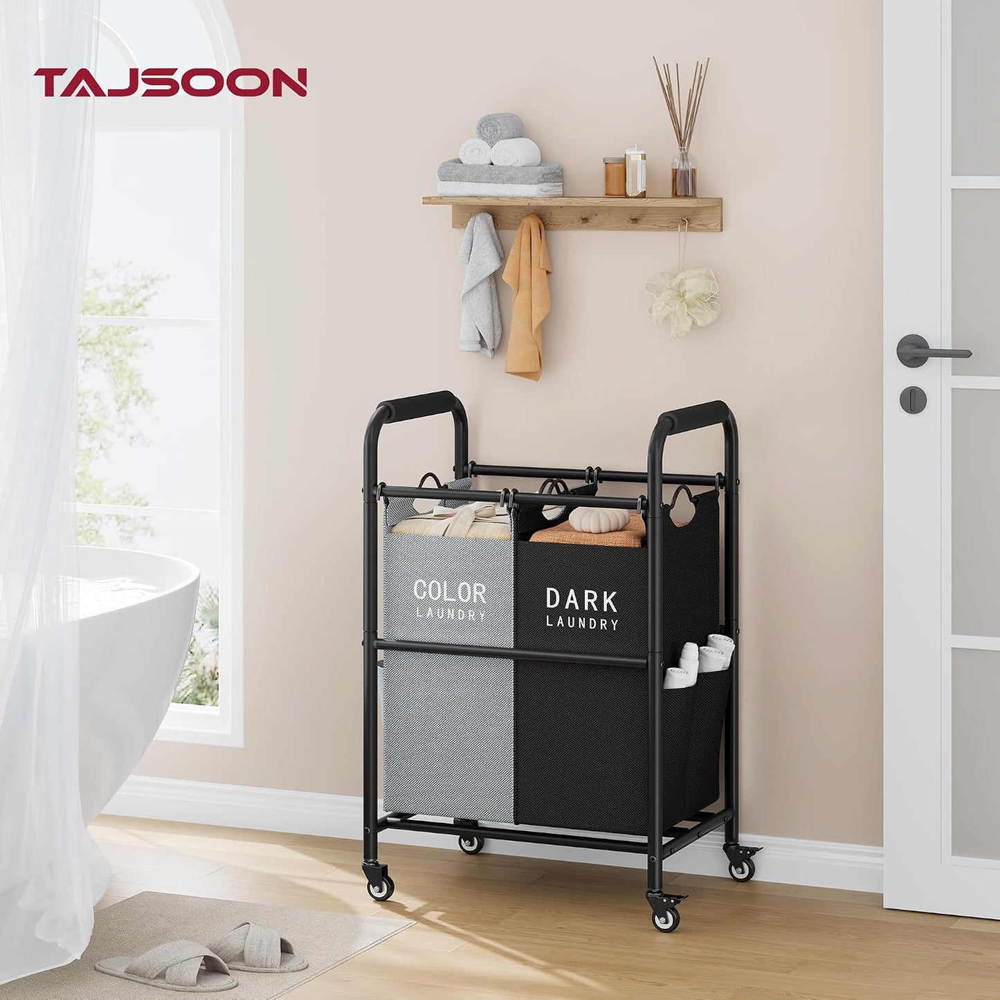 2 Bag Laundry Sorter Cart, Black & Grey | 50lbs Large Capacity, Removable Laundry Bags, Heavy Duty Lockable Rolling Wheels, Laundry Hamper Basket for Clothes Storage