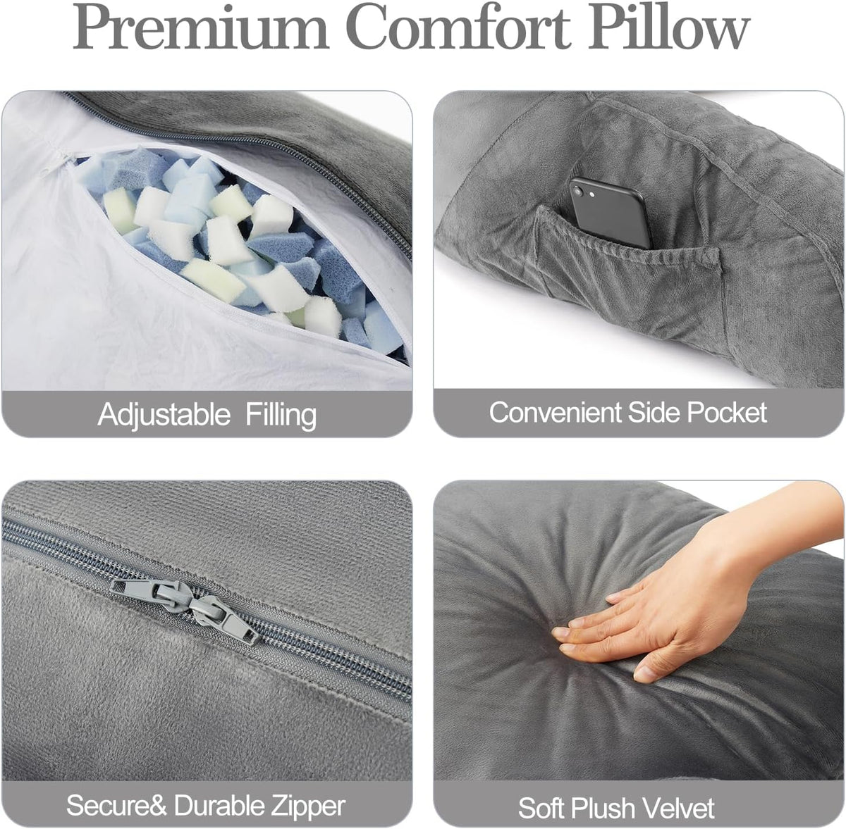 Reading Pillow for Bed with Arm Support, Large Backrest Cushion for Sitting Up in Bed, Plush Ergonomic Back Pillow for Reading, Watching TV, Gaming & Relaxing,Pillow with Shredded Memory Foam,Grey