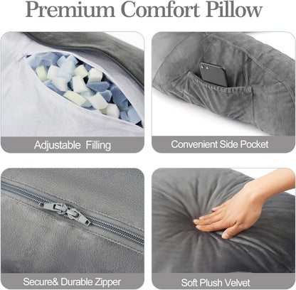 Reading Pillow for Bed with Arm Support, Large Backrest Cushion for Sitting Up in Bed, Plush Ergonomic Back Pillow for Reading, Watching TV, Gaming & Relaxing,Pillow with Shredded Memory Foam,Grey
