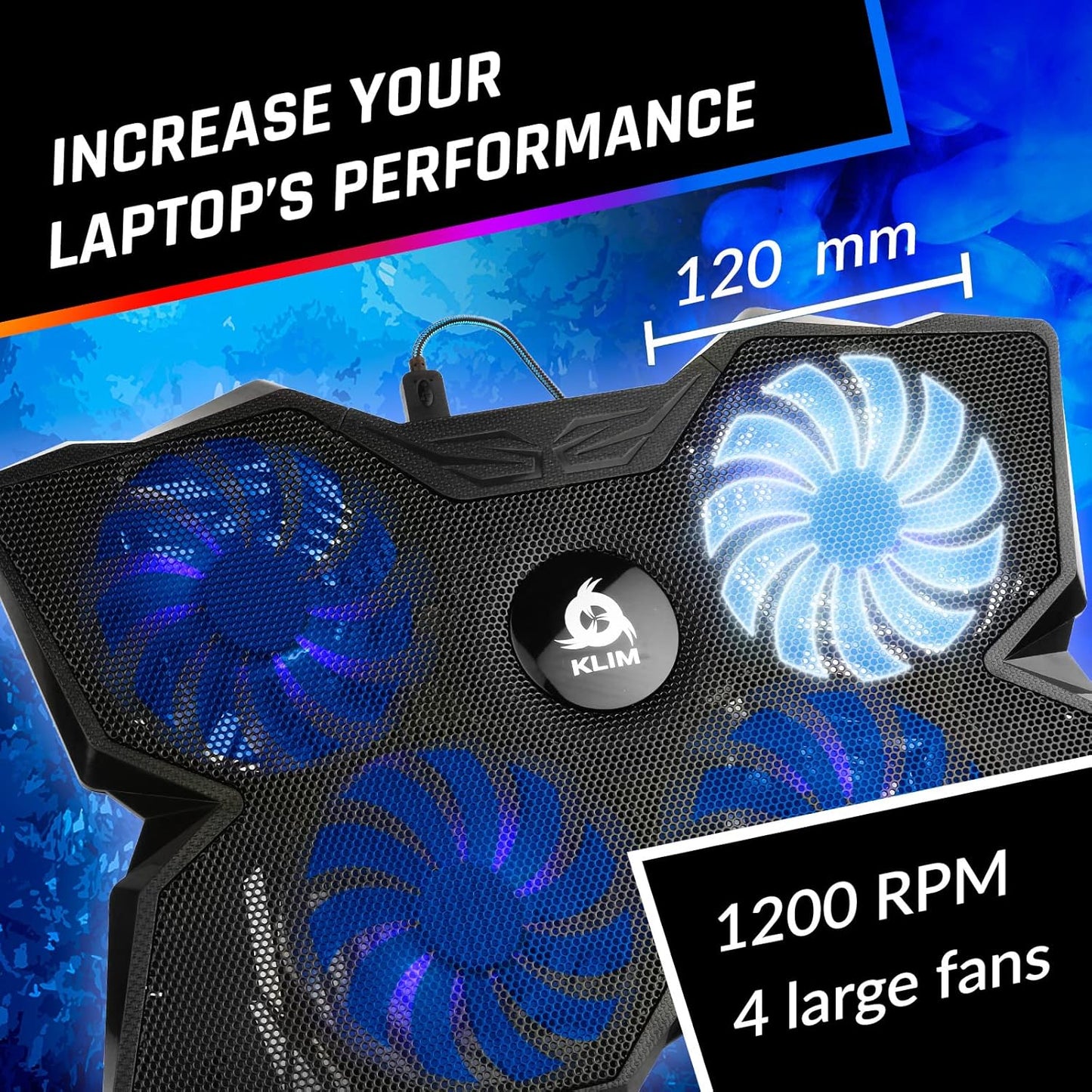 KLIM Wind Laptop Cooling Pad - More Than 500 000 Units Sold - New Version - The Most Powerful Rapid Action Cooling Fan - Laptop Stand with 4 Cooling Fans at 1200 RPM - USB Fan - PS5 PS4 - RGB