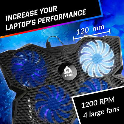 KLIM Wind Laptop Cooling Pad - More Than 500 000 Units Sold - New Version - The Most Powerful Rapid Action Cooling Fan - Laptop Stand with 4 Cooling Fans at 1200 RPM - USB Fan - PS5 PS4 - RGB