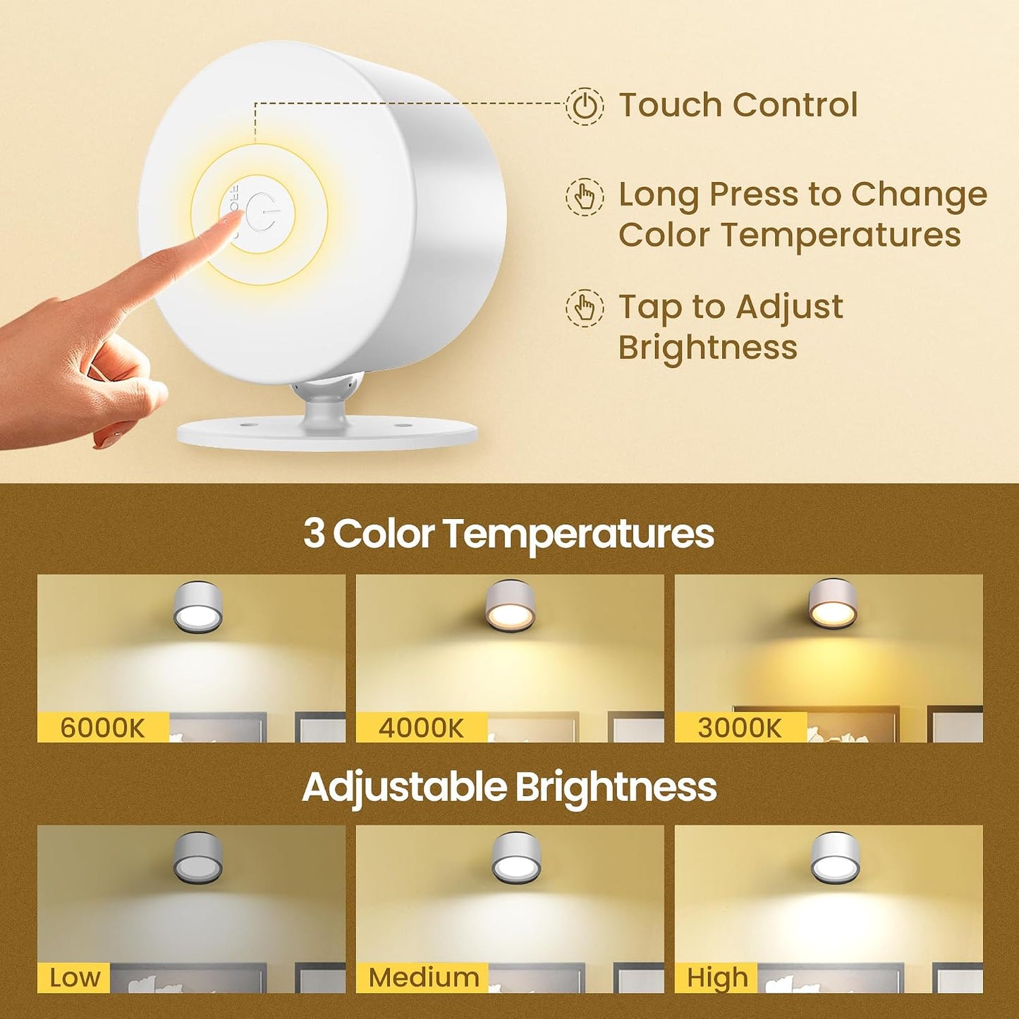 Wall Mounted Lamp, Rechargeable Battery Operated Wall Lights, Wood-2 Pack | Rechargeble Renter Friendly, 3 Color Temperatures & 3 Brightness Levels 360°Rotate Magnetic Ball, Sconces for Reading Bedroom