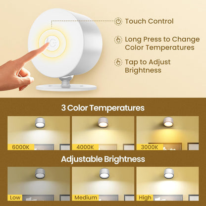 Wall Mounted Lamp, Rechargeable Battery Operated Wall Lights, Wood-2 Pack | Rechargeble Renter Friendly, 3 Color Temperatures & 3 Brightness Levels 360°Rotate Magnetic Ball, Sconces for Reading Bedroom