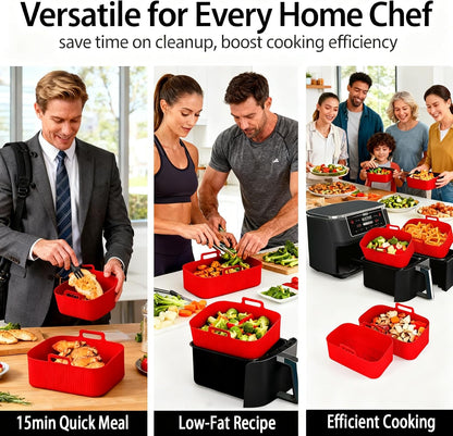 Silicone Air Fryer Liners for Ninja - Reusable DZ201 8QT Dual Basket - Rectangular 2-Pack Vacuum-Packed Easy-Clean Dishwasher-Safe Food-Safe for Home Chefs - Housewarming Gifts