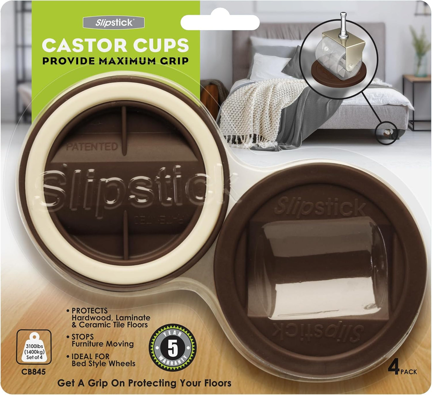 Slipstick CB845 3-1/4 Inch Bed Roller / Furniture Wheel Gripper Caster Cups (Set of 4) Chocolate Brown Color,Large