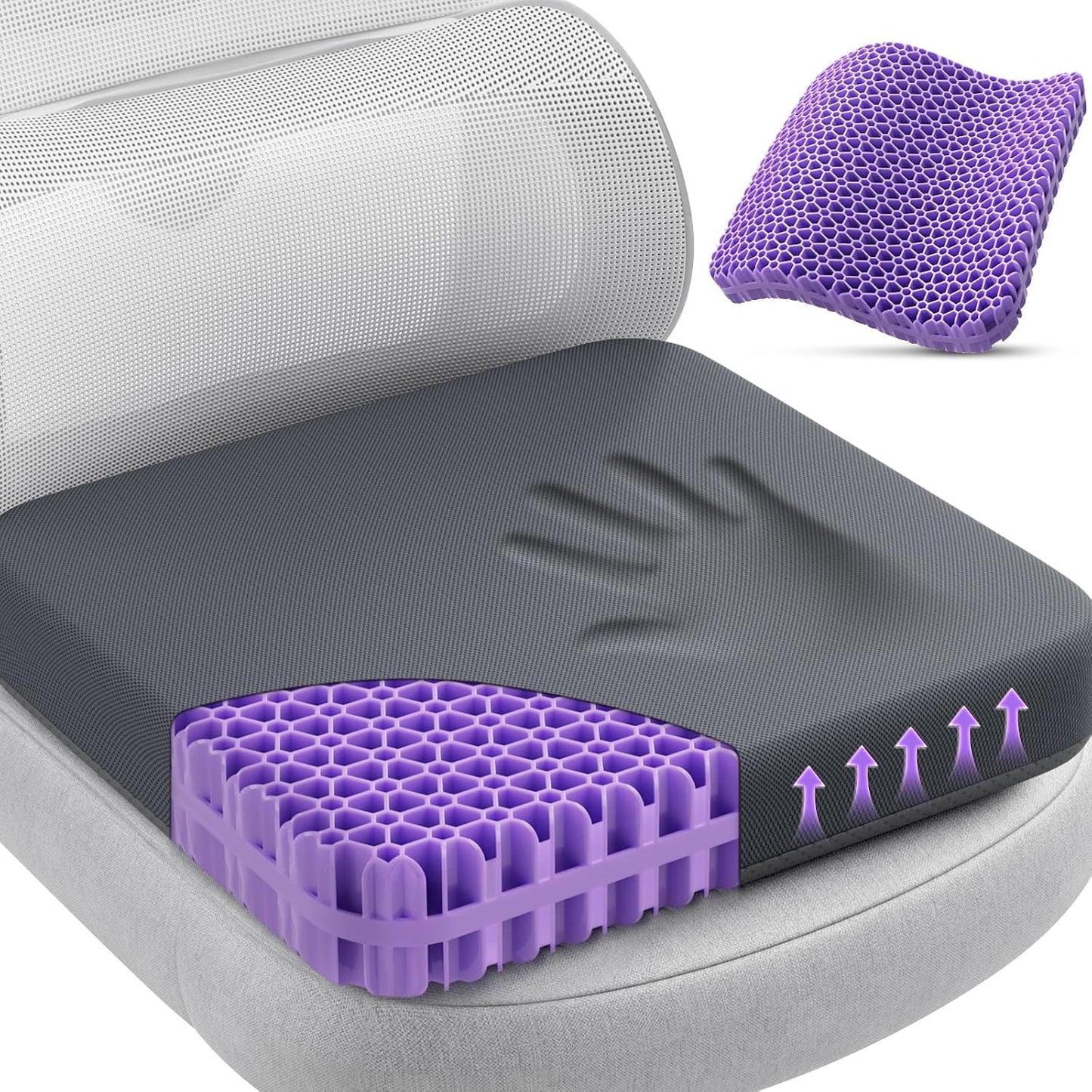 TushGuard Gel Seat Cushion for Long Sitting, Breathable Thick Patent Design | Enlarged Cooling Chair Pad for Office, Wheelchair, Soft Car Cushion for Back, Hip, Sciatica (Standard, Black+Violet)