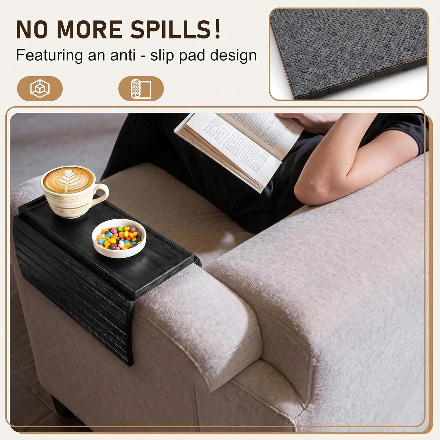 Acacia Wood Couch Armrest Table, Couch Arm Tray, Foldable Anti-Slip Wood Couch Tray, Sofa Cup Holder for Drink Snacks Remote Control