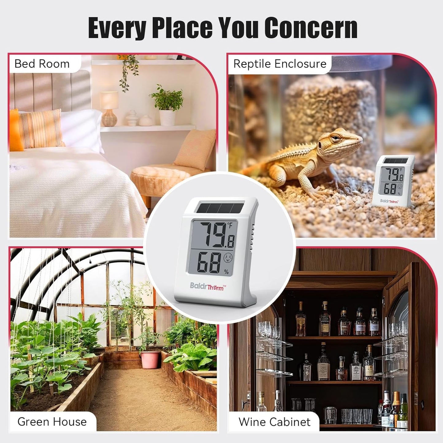 2.2'' Digital Thermometer and Hygrometer Meter, Solar-Powered Indoor Temperature Sensor Humidity Monitor, Humidity Gauge for Baby Rooms, Bedrooms, Home, Office, and Wine Cellars, White, 2Pack