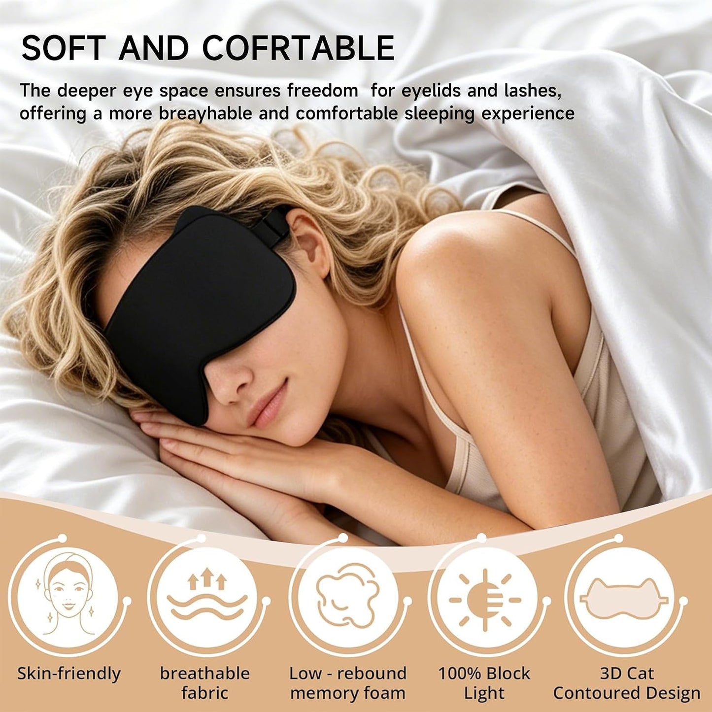 3D Blackout Sleep Mask, Memory Foam Eye Cover for Travel | Zero pressure 3D contoured design with adjustable strap. Perfect for side sleepers, travel, and lash extensions.