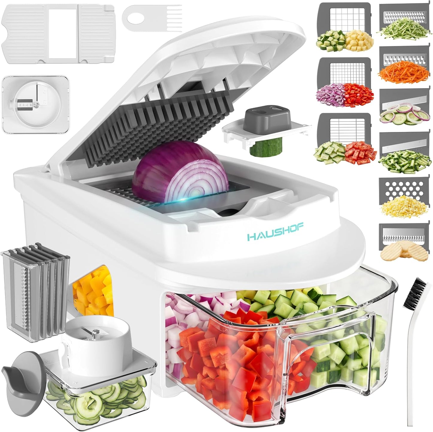 HAUSHOF 9-in-1 Vegetable Chopper & Mandoline Slicer, 7 Blades, Drain Basket | Food and Veggie Chopper and Dicer, Grater, Kitchen Prep Tool with Container, Safety Holder, Interchangeable Blades
