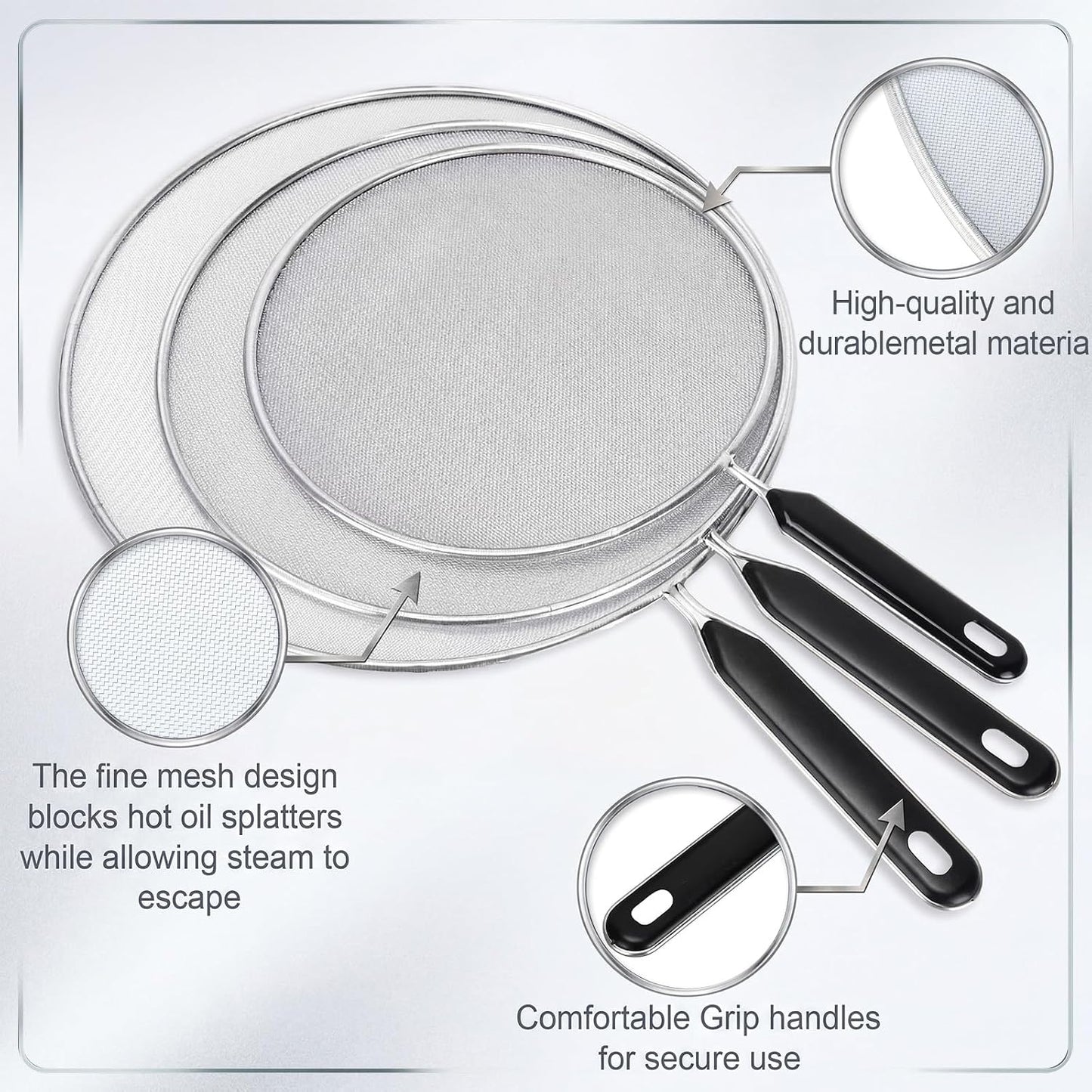 Gisafai 5 Pcs Splatter Guard Set for Frying Pan 13'' 11.5'' 10'' 8.3'' 7.5'' Metal Grease Oil Splatter Screen Fine Mesh Cover Stove Oil Guard with Comfort Grip Handle for Most Pan Pot Safe Cooking