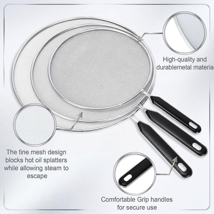 Gisafai 5 Pcs Splatter Guard Set for Frying Pan 13'' 11.5'' 10'' 8.3'' 7.5'' Metal Grease Oil Splatter Screen Fine Mesh Cover Stove Oil Guard with Comfort Grip Handle for Most Pan Pot Safe Cooking