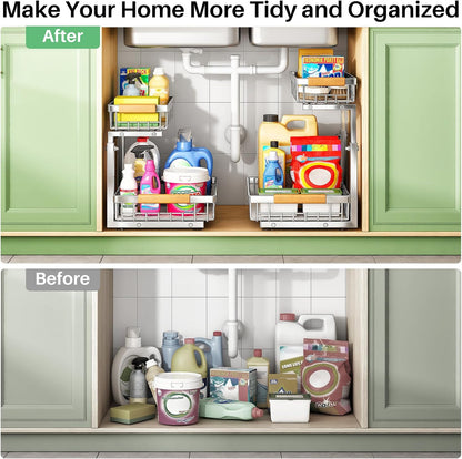 Kitstorack Under Sink Organizer, 2 Tier Under the Sink Storage, Slide out Pull out Cabinet Organizer Shelf, Metal Sliding Drawer for Kitchen Bathroom Pantry Closet Organization Rack, Black, 2 Pack