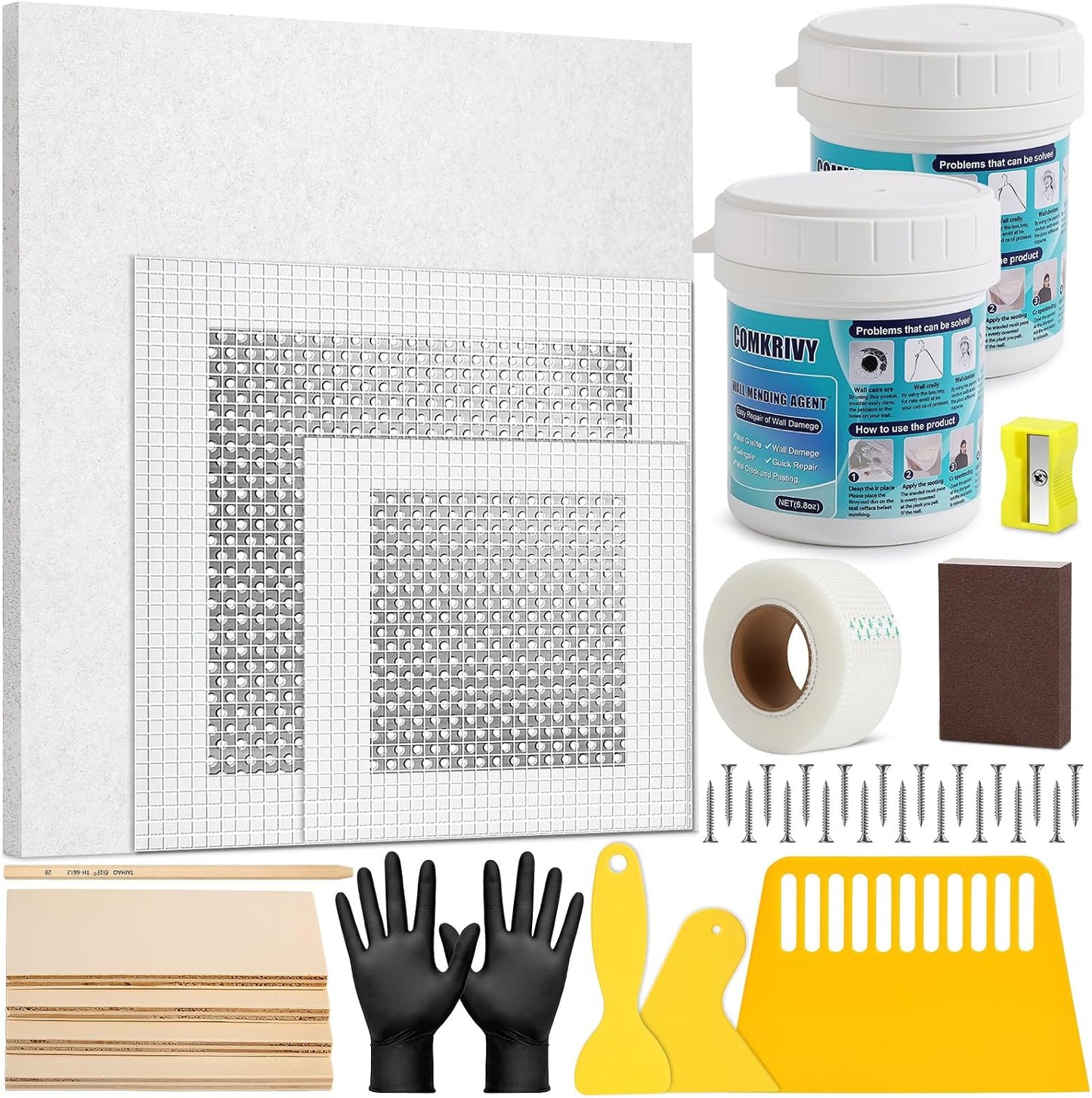Drywall Repair Kit with 12"x12" Dry Wall Repair Panel, 33-in-One Drywall Patch Kit Wall Patch Repair Kit with Spackle, Mesh Tape, Putty Knives & Sanding Block for Wall Surface Ceiling Large Hole Fill