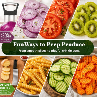 Onion Holder for Slicing & Crinkle Cutter Knife, 2 Piece Kitchen Prep Tool Set, Stainless Steel Onion Slicer Prongs, Wavy Knife, Potato Cutter for Fries, Tomato, Cucumber, Carrot