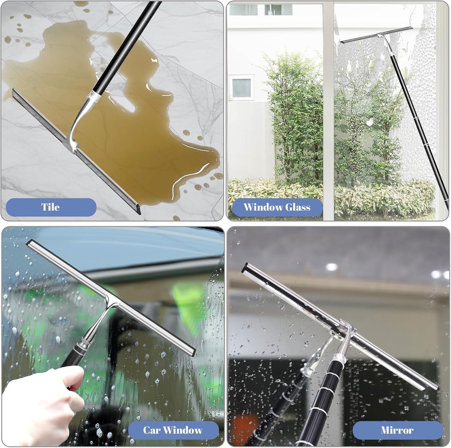 Shower Squeegee with Long Handle,Window Squeegee with Extension Pole Squeegee for Shower Glass Floor Squeegee, Telescoping Shower Squeegee for Glass Door, Tile Wall, Car,Floor | 2 Hooks, Squeegee for Shower Glass Floor Squeegee, Telescoping Shower
