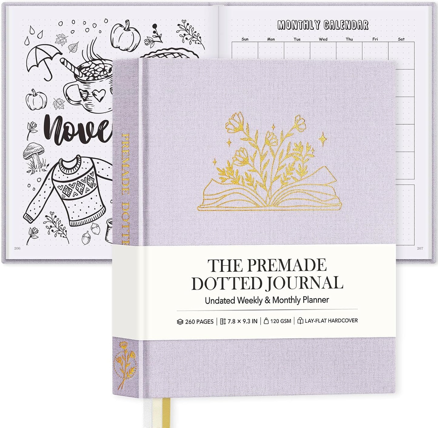 Everloria Premade Dotted Journal Notebook, 12 Months Pre-made Bullet Templates, 260 Hand-Drawn Coloring Pages, Undated Weekly & Monthly Planner, 7.8"x9.3" Linen Dot Grid Mood Habit Tracker, Lilac