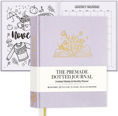 Everloria Premade Dotted Journal Notebook, 12 Months Pre-made Bullet Templates, 260 Hand-Drawn Coloring Pages, Undated Weekly & Monthly Planner, 7.8"x9.3" Linen Dot Grid Mood Habit Tracker, Lilac