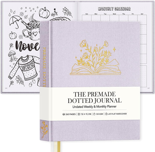 Everloria Premade Dotted Journal Notebook, 12 Months Pre-made Bullet Templates, 260 Hand-Drawn Coloring Pages, Undated Weekly & Monthly Planner, 7.8"x9.3" Linen Dot Grid Mood Habit Tracker, Lilac