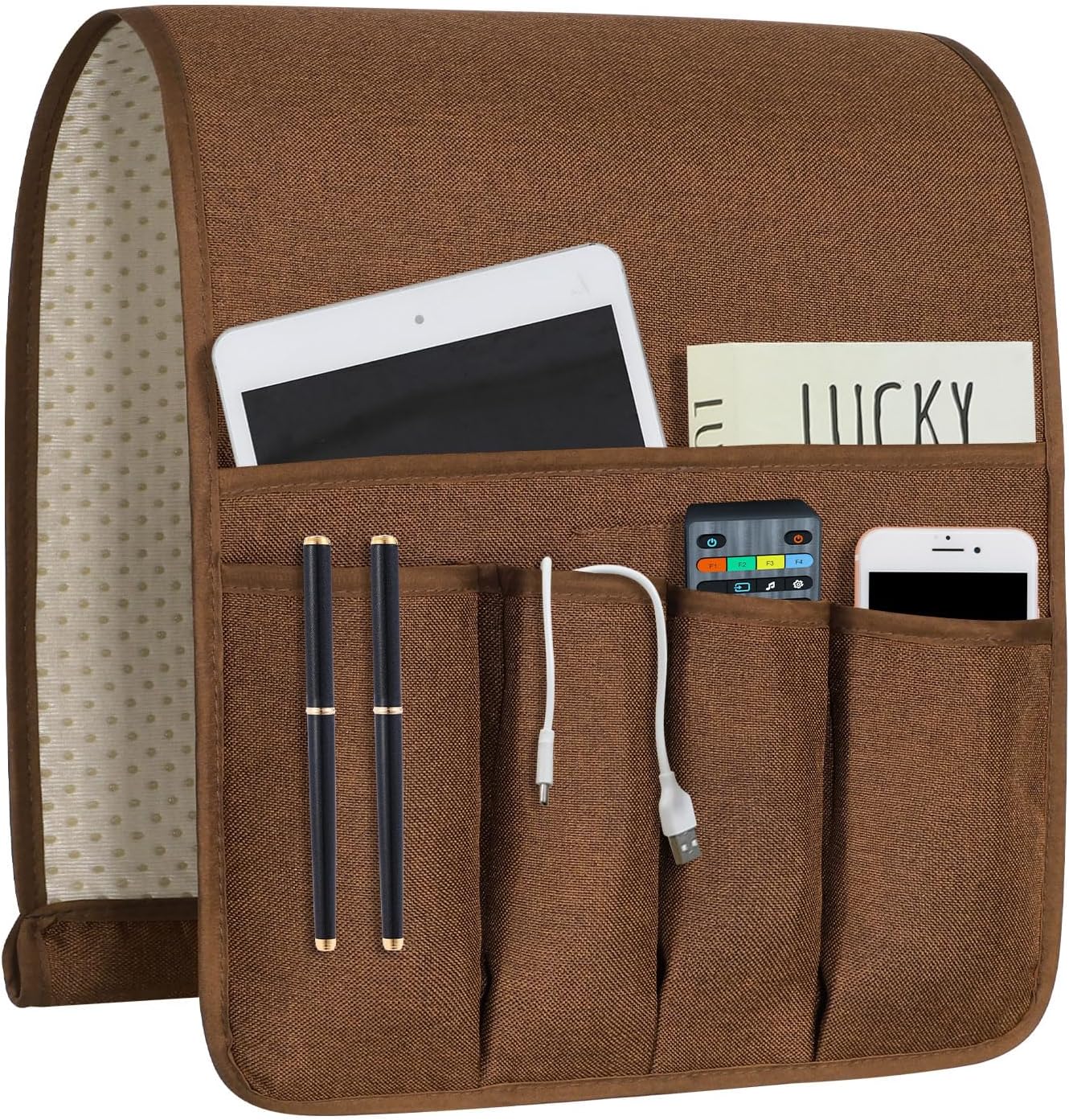 Remote Control Holders for Armchairs, Couch Caddy, Featuring Non-Slip Bases | 5 Pockets Bedside Storage Pocket for TV Remote Holder, Phone Tablet Kindle, Magazines, Gifts for Seniors (Beige, 35"X12.4")