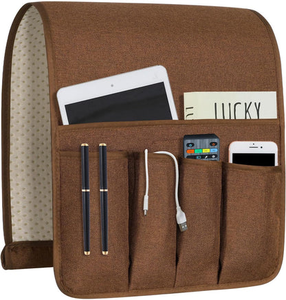 Remote Control Holders for Armchairs, Couch Caddy, Featuring Non-Slip Bases | 5 Pockets Bedside Storage Pocket for TV Remote Holder, Phone Tablet Kindle, Magazines, Gifts for Seniors (Beige, 35"X12.4")