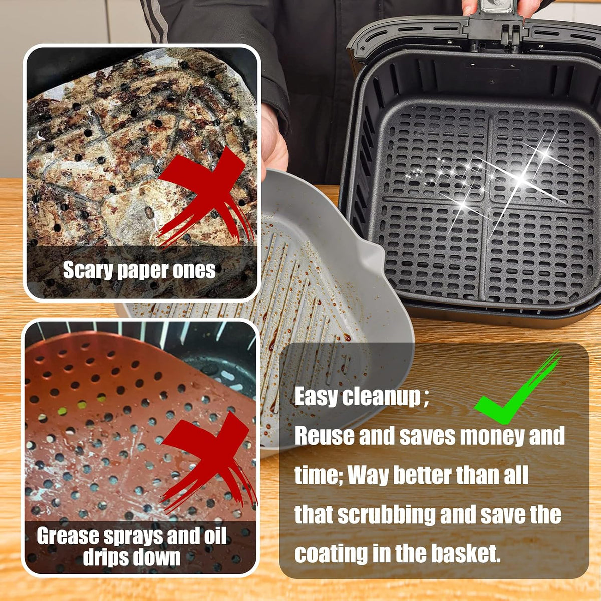 Golden Associate Silicone Liners Square for 8 to 8.5 inch Air Fryer, 2 Pcs Non-stick Food-grade Reusable Basket Baking Tray Airfryer Accessories