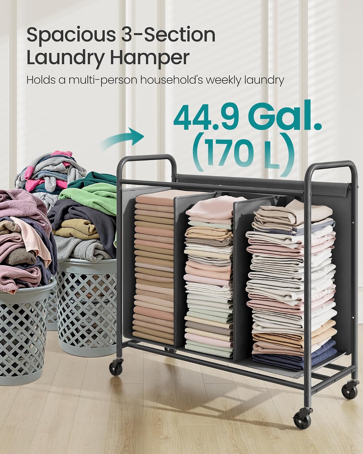 SONGMICS 2-Section Laundry Sorter, Laundry Hamper with Wheels, Rolling Clothes Hamper Cart with Large Capacity and Removable Bags, for Laundry Room, Bedroom, Bathroom, Ink Black URLS210B01 | Rolling Clothes Hamper Cart, Large Capacity, for Laundry Room,