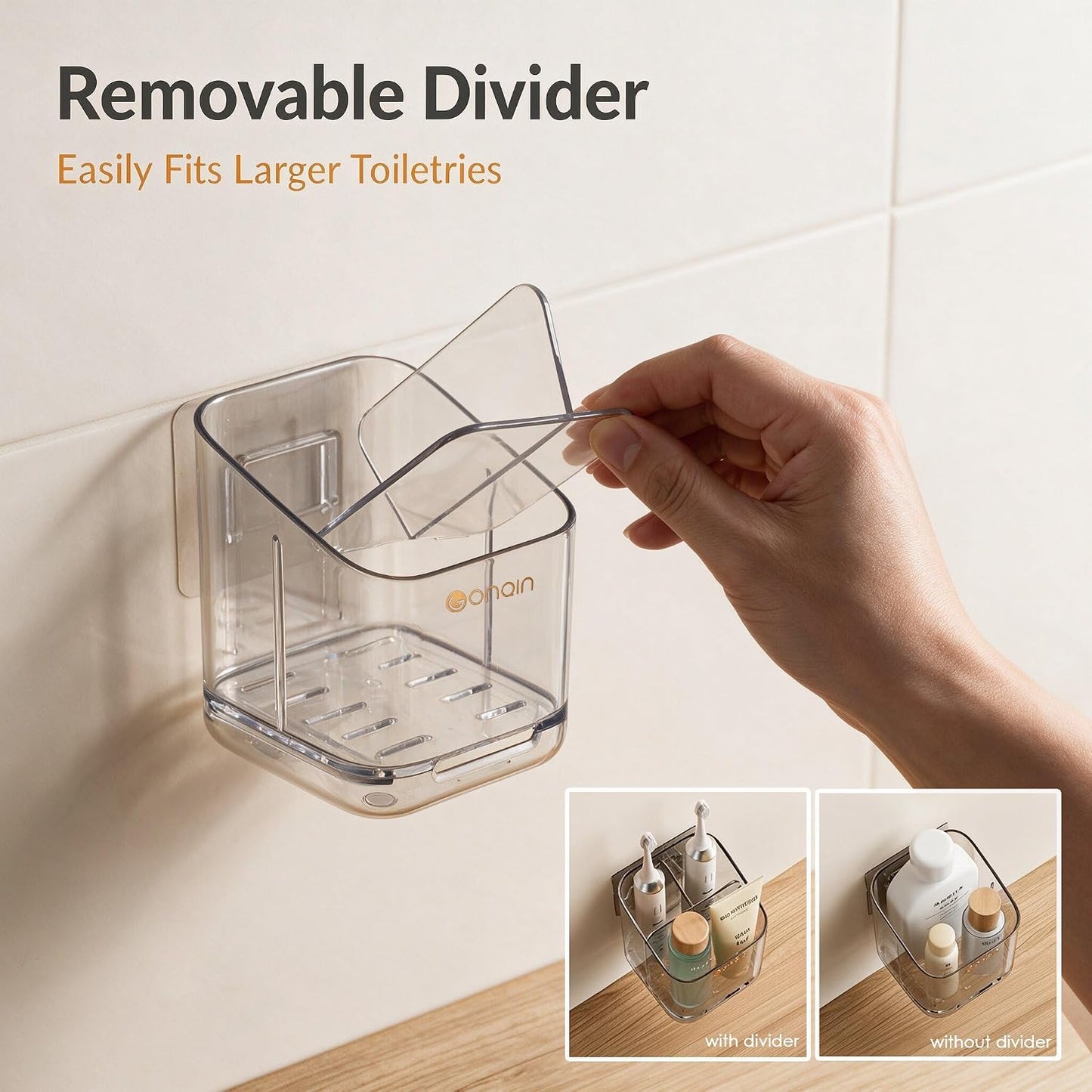 Toothbrush Holders for Bathroom - Detachable Divided Design, Drawer Drainage Tray, Adhesive Wall-Mounted/Countertop Dual-Use, Large Capacity Organizer for Bathroom/Kitchen/Office, Easy Install (Clear)