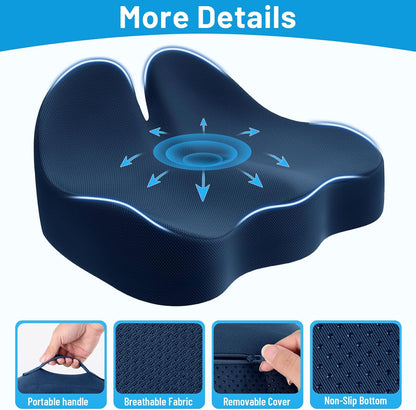 Memory Foam Seat Cushion, Ergonomic Office Chair Cushion for Long Sitting | Curved Tailbone Support Cushion for Car, Desk Chair and Wheelchair, Coccyx Comfort Pad with Breathable Cover, Gray