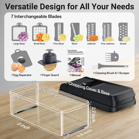 12-in-1 Vegetable Chopper with 7 Blades, Food Veggie Cutter, Purple | Includes Egg Separator, Food Container and Finger Guard, Non-slip Base, for Chopping, Slicing, Shredding, and Mincing
