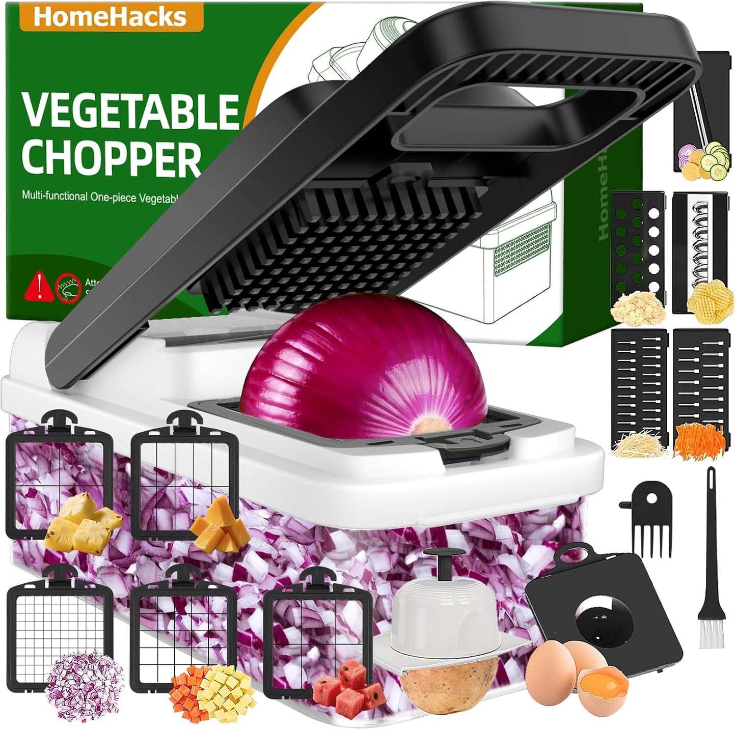 HomeHacks Vegetable Chopper Vegetable Cutter, 12 in 1 Kitchen Gadget, Dicer, Slicer, Onion Cutter, Salad, Cheese Grater & Egg Separator - Multi-Functional Veggie Chopper Lid with Handle (Green)