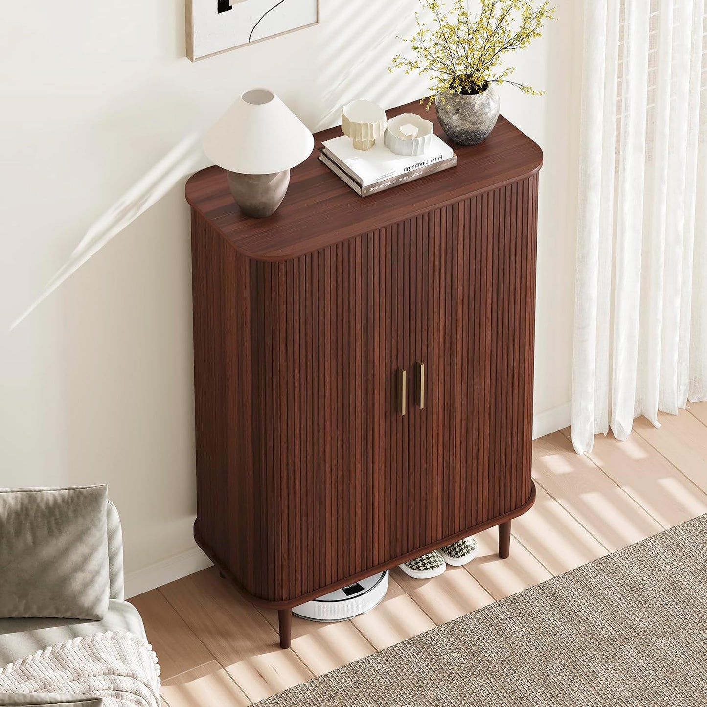 DHH Shoe Storage Cabinet with Sliding Door, 6-Tier Shoe Cabinet with Adjustable Shelves, Modern Freestanding Shoe Storage Organizer for Entryway, Hallway, Living Room (Walnut, 47 ")