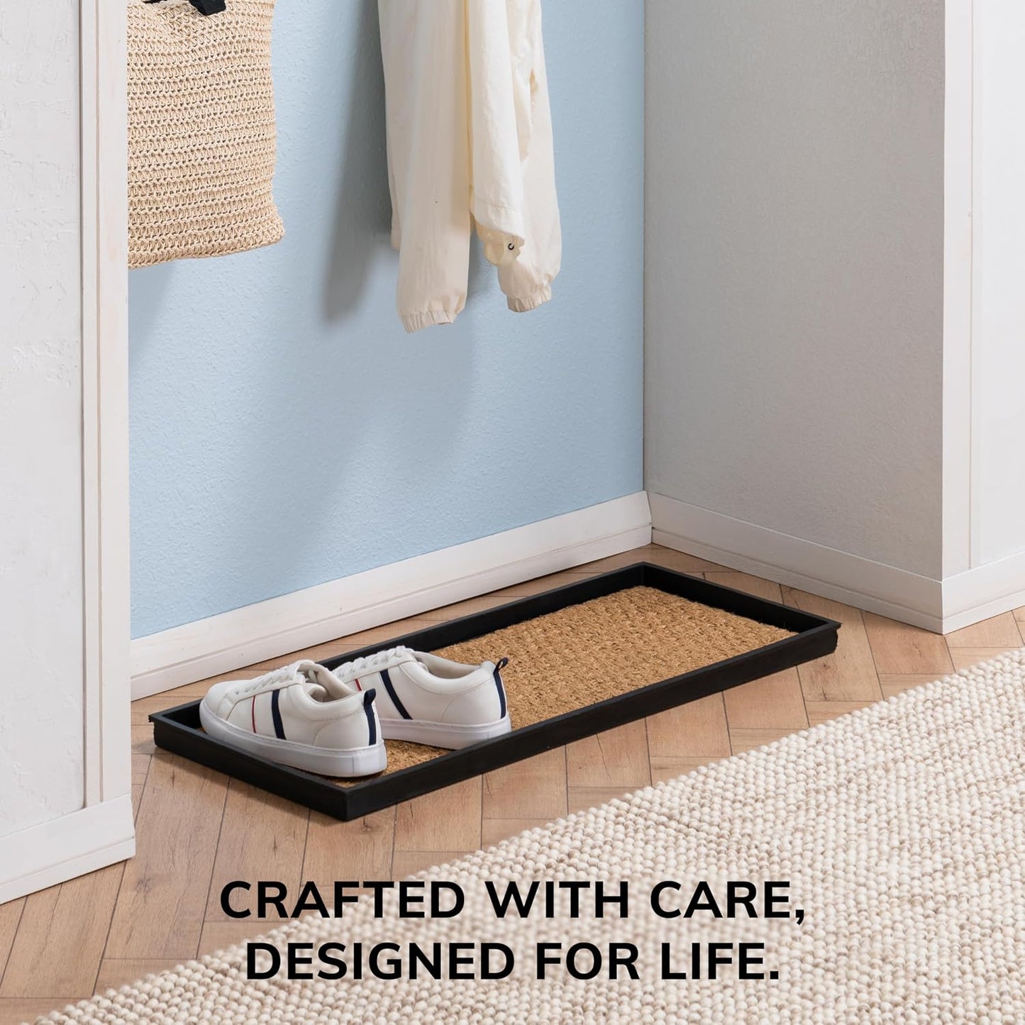 Anji Mountain Heavy Duty Waterproof Rubber Shoe Storage Mat Organizer/Boot Storage Tray Multi Use For Entryway with Coir, Tan Insert, Fits 2 Pair (24.5" Wide)