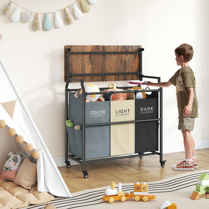 Hoctieon 3 Section Laundry Sorter with Iorning Board, Laundry Hamper, Black | Lockable Wheels, Laundry Basket Organizer with Wheels, Heavy Duty Clothes Organizer, Large Clothes Separator, Removable Bags