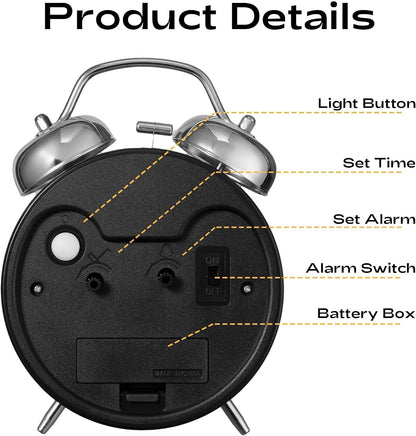 AKCISOT Loud Alarm Clock for Heavy Deep Sleepers, 4.5 Inches Analog Metal Twin Bell Clocks Battery Operated with Backlight for Bedroom Beside, Old Fashioned for Home Desk Decoration(Blue)