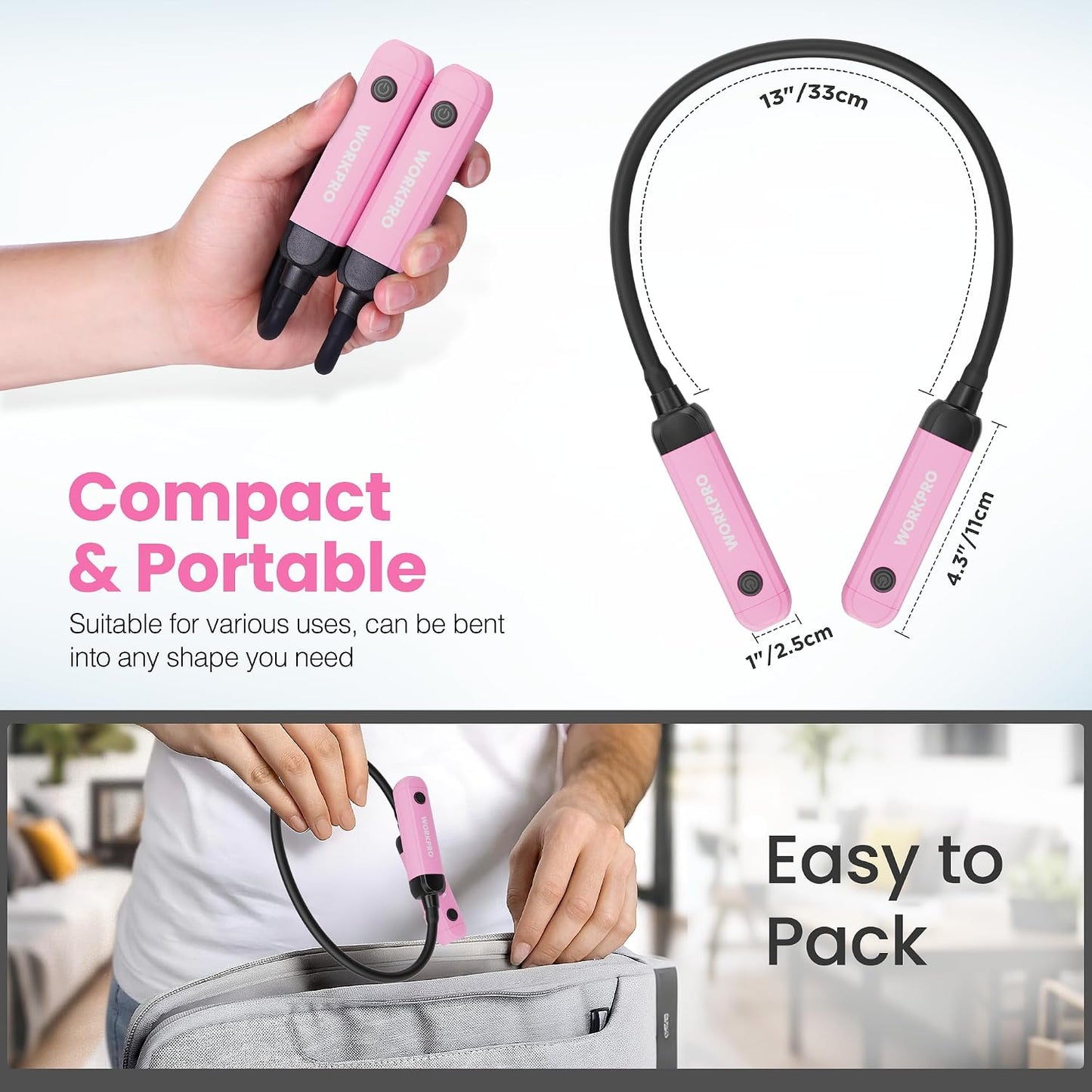 WORKPRO Rechargeable Neck Light, 3 Brightness Hands-Free Neck Work Light | Hands-Free Bendable Silicone Arm, Neck Flashlight Lamp, for Mechanics, Camping, DIY Projects, Crafting, Blue and Black