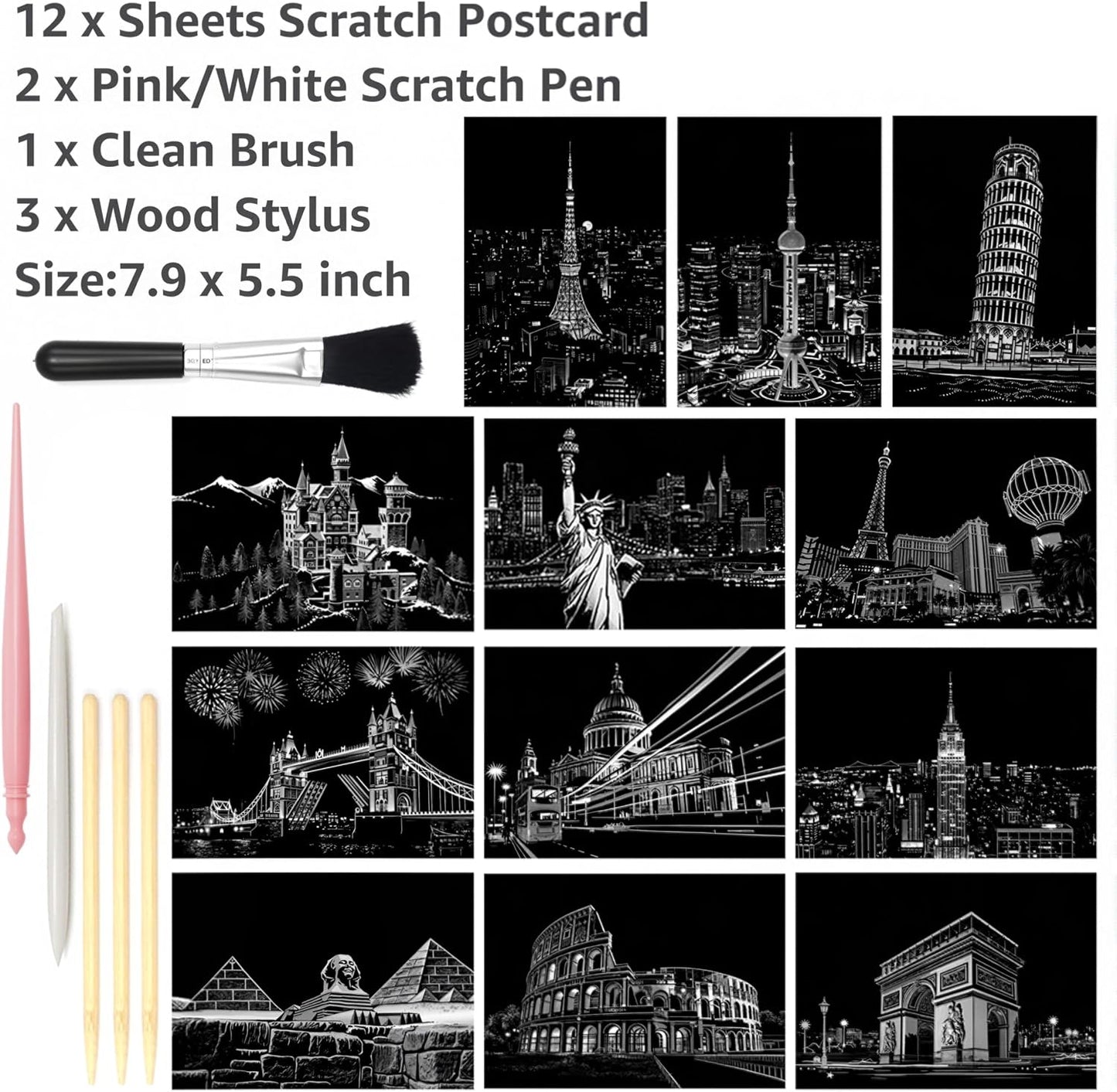 12-Sheet Rainbow Scratch Art Set with Tools, World Landmark Postcard Kit | Rainbow scratch paper and scratch cards with landmark views for a screen-free craft; finish each postcard to send or display