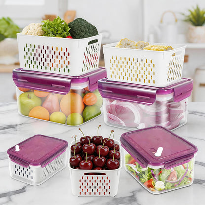 8 Pieces Fruit Storage Containers for Fridge with Lids and Strainer | 4Pack Fruit Containers for Fridge, Fresh Produce Saver Keeper for Vegetable Fruit Salad, BPA Free Organizer for Refrigerator