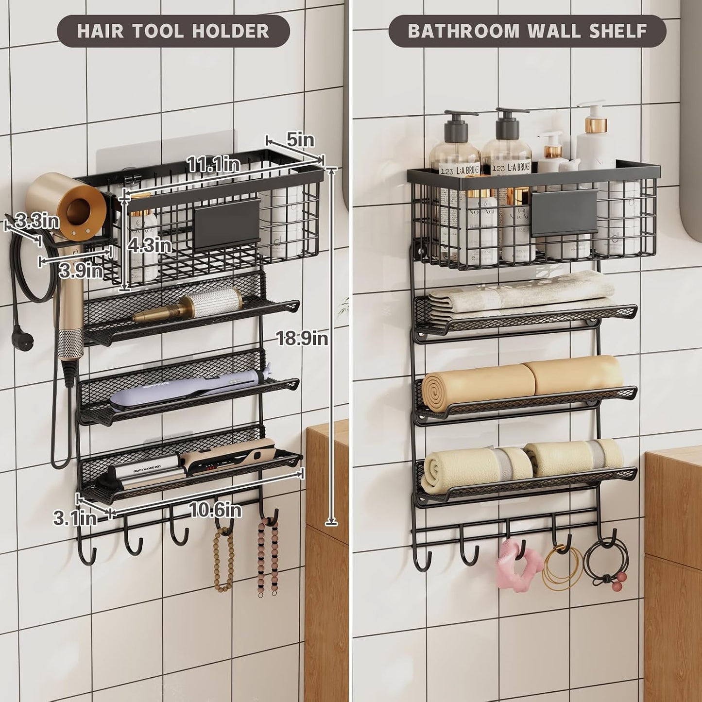 Magheo Hair Dryer Holder Cabinet Door 3-in-1 Adhesive Hair Tool Organizer Wall Mounted Adjustable Height Blow Dryer Holder Under Sink Bathroom Hair Appliance Organizer and Storage Countertop(Black)
