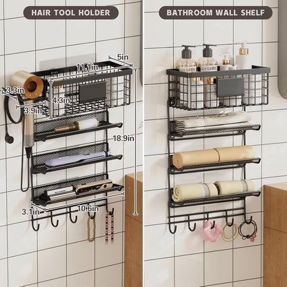 Magheo Hair Dryer Holder Cabinet Door 3-in-1 Adhesive Hair Tool Organizer Wall Mounted Adjustable Height Blow Dryer Holder Under Sink Bathroom Hair Appliance Organizer and Storage Countertop(Black)