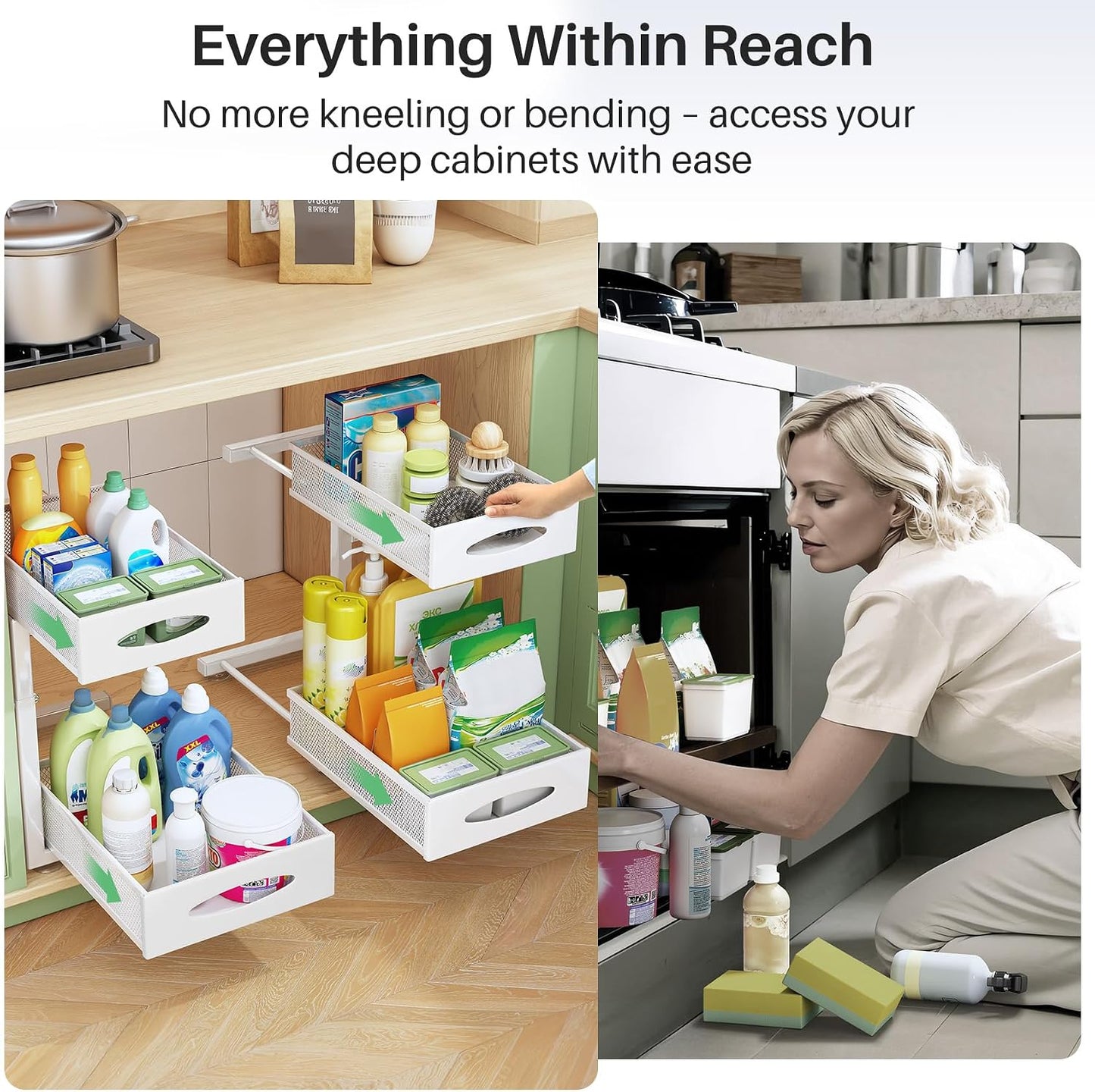 Under Sink Organizer, 2 Tier Pull out Cabinet Organizer Baskets with Mesh Sliding Drawers, Slide out Storage Shelf for Home, Kitchen, Bathroom, Pantry, Office Cabinet, Countertop(1 Pack)