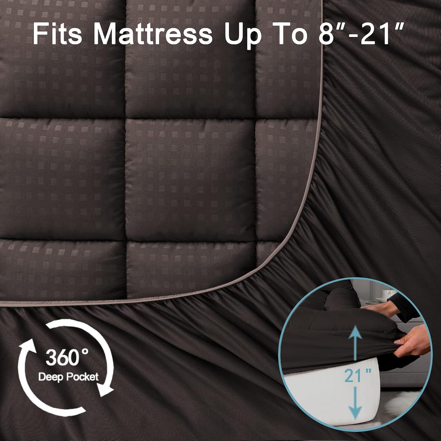 HYLEORY Queen Mattress Pad Quilted Fitted Mattress Protector Cooling Pillow Top Mattress Cover Breathable Fluffy Soft Mattress Topper with 8-21" Deep Pocket, Dark Grey