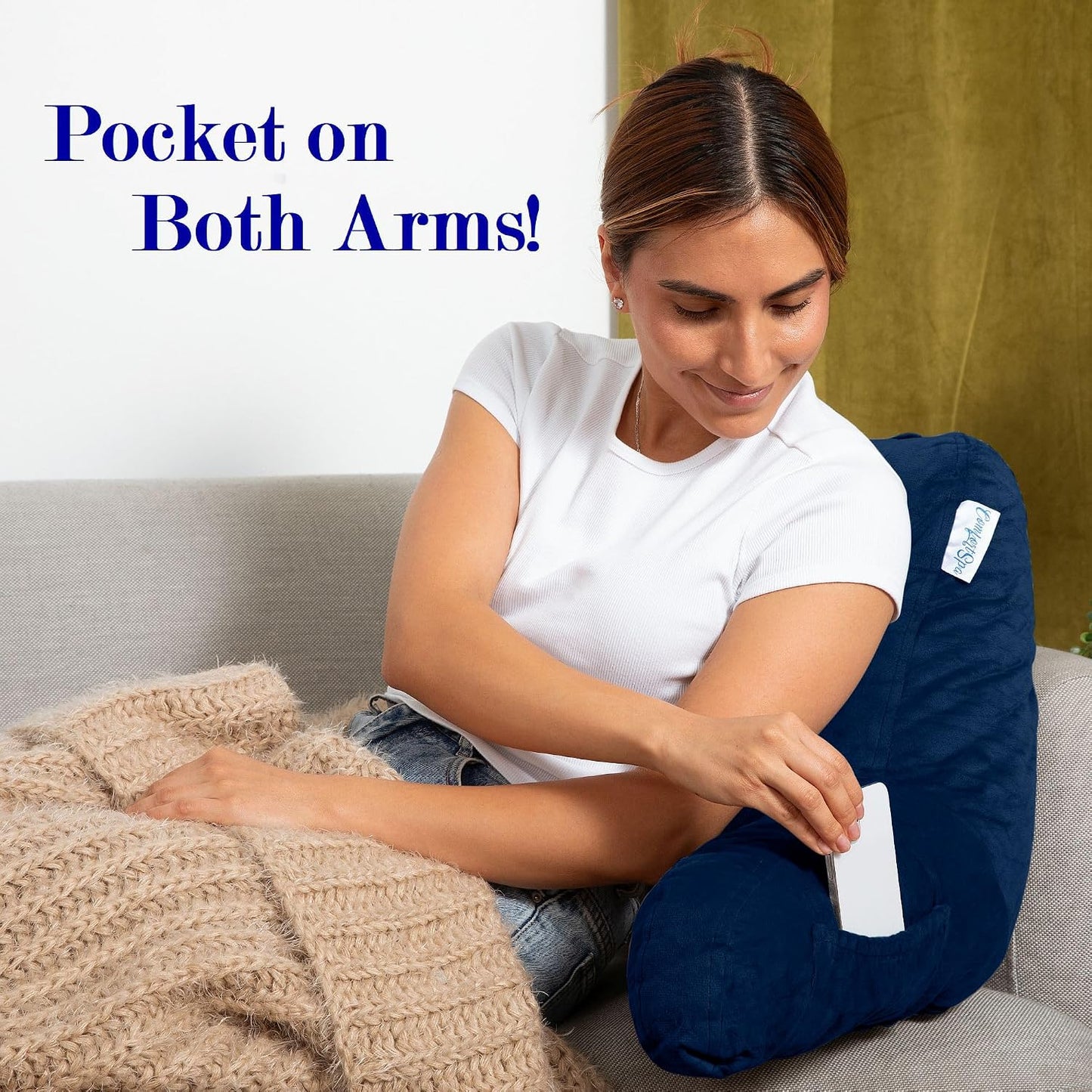 Reading Pillow for Bed with Arms Pockets for Adults, Large Grey | Bed Pillow for Sitting Up for Nursing, Breast Feeding, Bedrest or Relief from GERD or Heartburn; Removable, Washable Cover