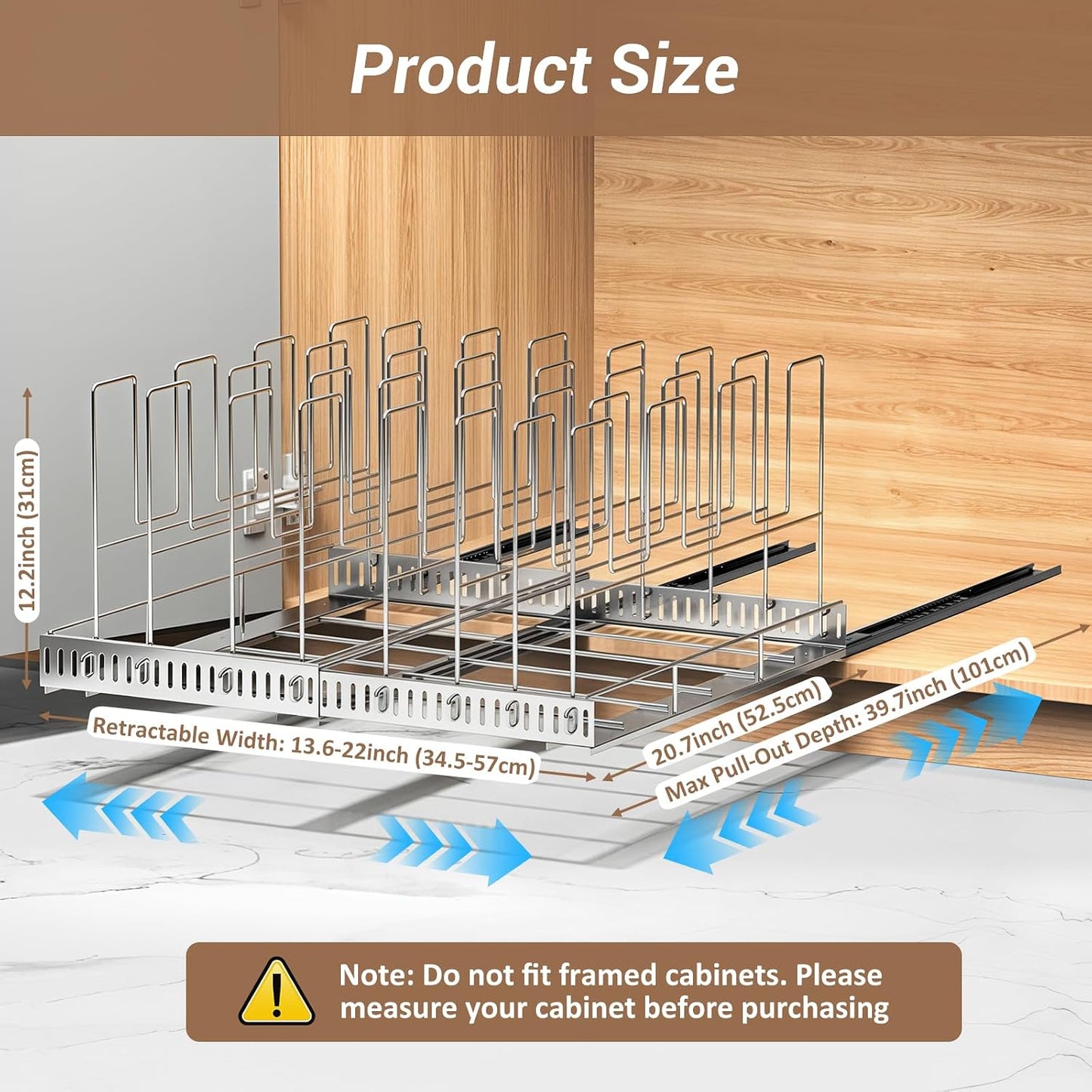 Housolution Pull Out Baking Tray and Cookie Sheet Cutting Board Organizer | 13"-22" Expandable, 21.5" Deep, 8 Adjustable Dividers, Sliding Rail Design, Sturdy Metal Structure, Adhesive/Screw Fixing