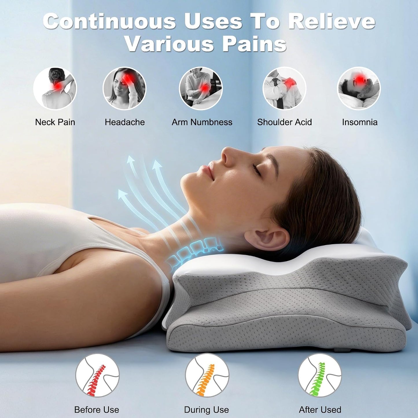 VYLEE Cervical Neck Pillow for Pain Relief, Ergonomic Memory Foam Pillow for Neck Support, Cooling Contour Orthopedic Pillow for Side, Back & Stomach Sleepers | Ergonomic contour pillow supports proper neck alignment for side, back & stomach sleepers