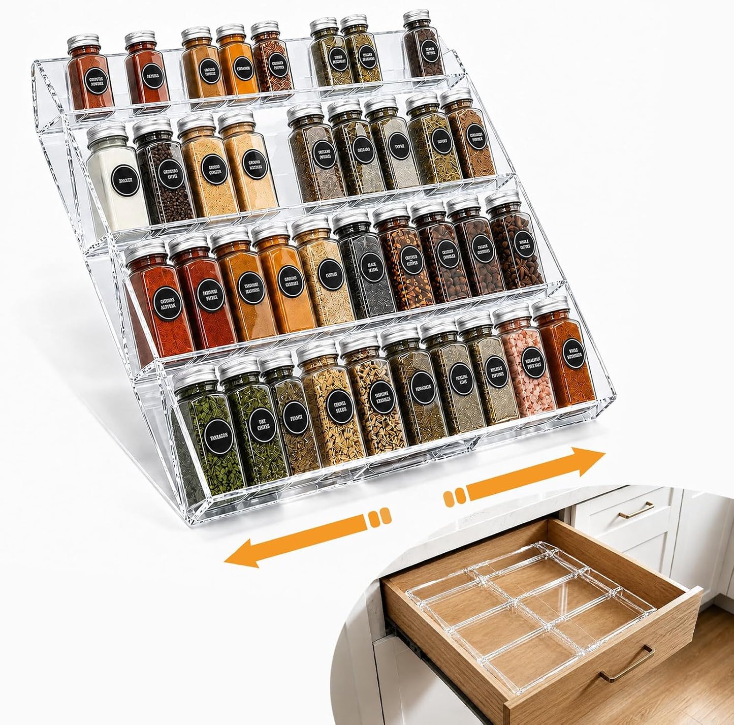 Spice Drawer Organizer,4 Tier Clear Acrylic Spice Rack for Drawer | Expandable 11.8 to 23.6,Seasoning Organizer Tray for Kitchen Drawer,Keep Spice Labels Visible and Easy to Grab,Organizer Only