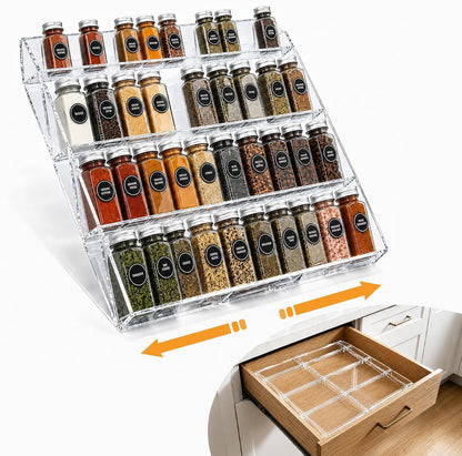 Spice Drawer Organizer,4 Tier Clear Acrylic Spice Rack for Drawer | Expandable 11.8 to 23.6,Seasoning Organizer Tray for Kitchen Drawer,Keep Spice Labels Visible and Easy to Grab,Organizer Only