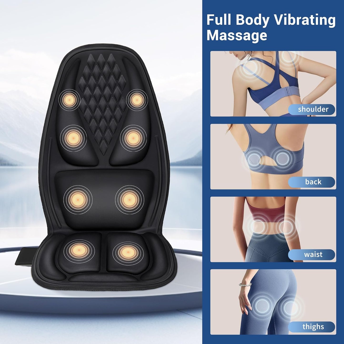 Vibration Massage Seat Cushion with Lumbar Heat, 8-Motor Back and Seat Massager Pad, Manual Lumbar Support, 9 Modes and 3 Intensities for Office Chair, Sofa and Recliner